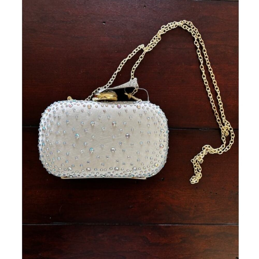 NWT White Satin Beaded Evening‎ Clutch Bag Iridescent Rhinestone Chain Purse